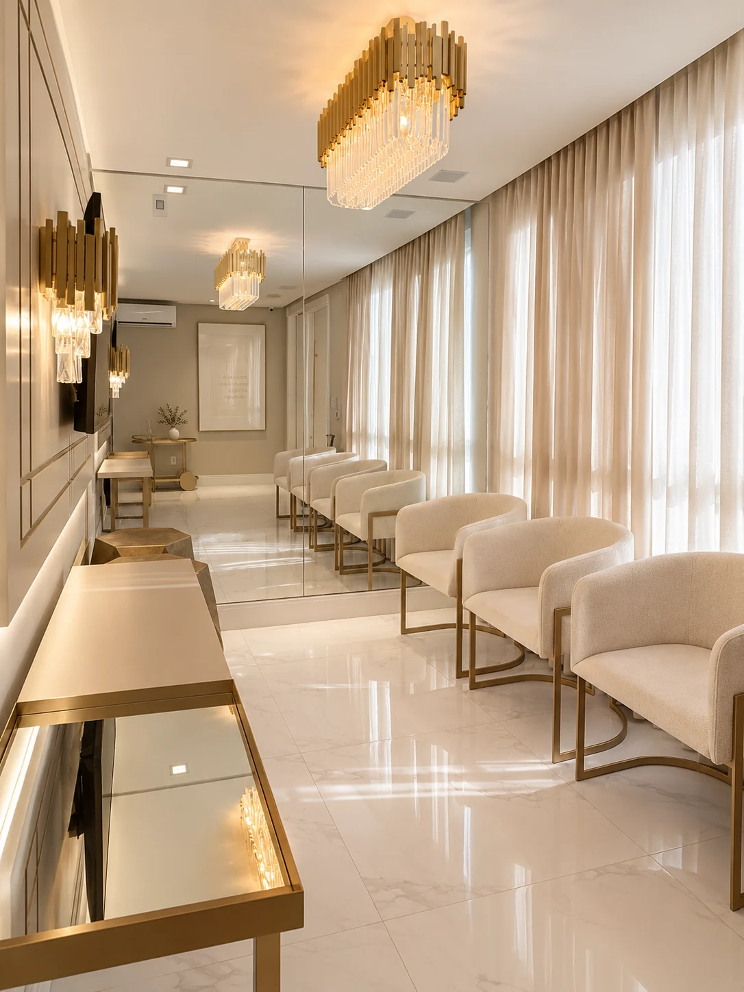 Sala de espera da Satine com espelhos, poltronas e luminárias douradas