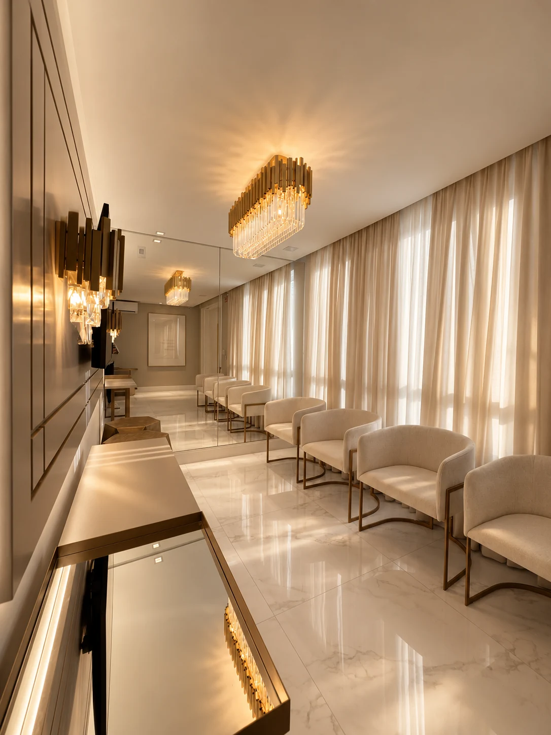 Recepção da Satine com poltronas claras, lustre dourado e cortinas sob luz quente
